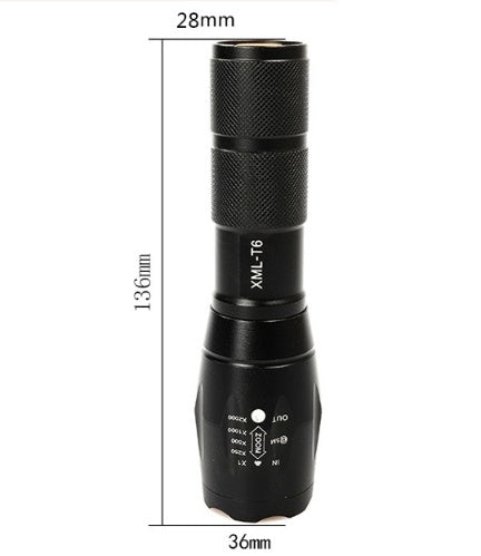 Black flashlight with dimensions labeled on a white background