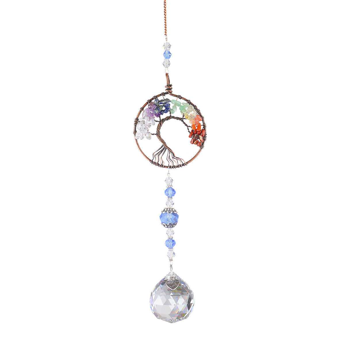 Decorative hanging ornament with colorful beads and a crystal ball on a white background