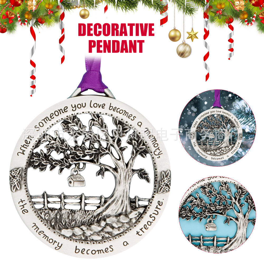 Decorative pendant with tree design and text, surrounded by Christmas decorations.