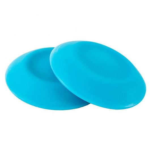 Two blue silicone knee pads on a white background