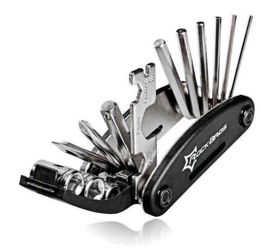 Multi-tool with various components on a white background