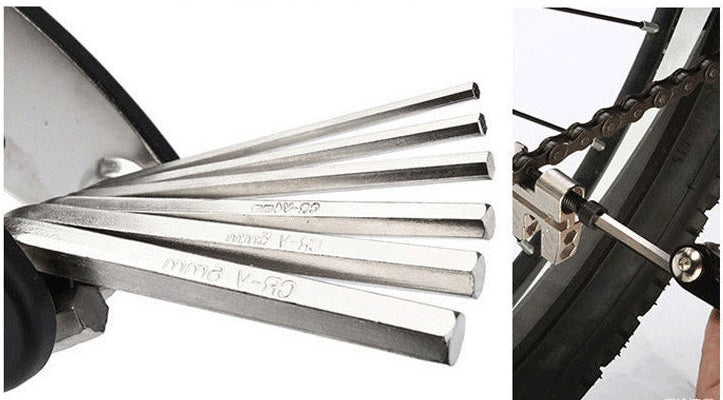 Set of metal tools on a white background with a close-up of a bike chain and gear.