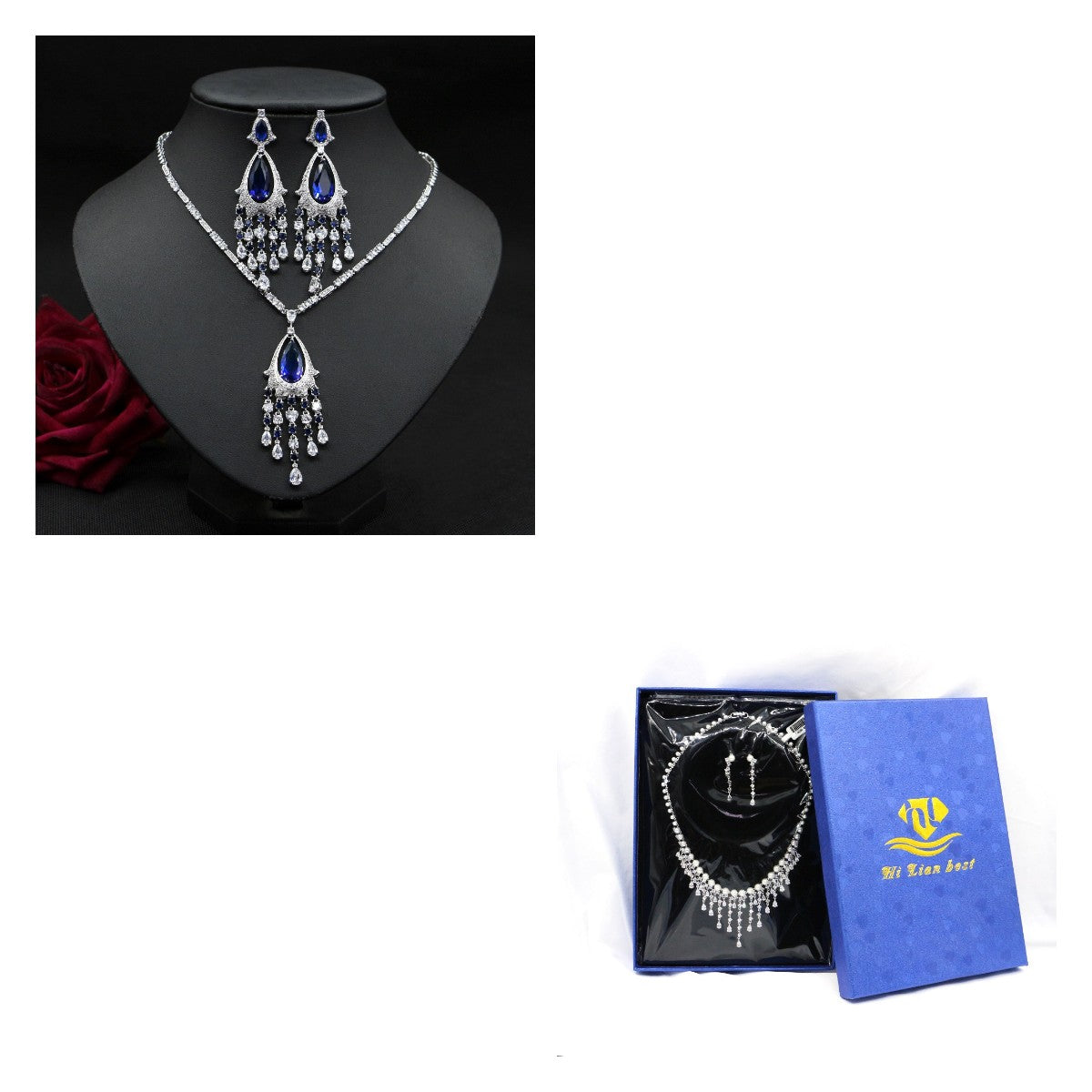 Vintage Blue Zircon-Style Bridal Necklace & Earrings Set with gift box