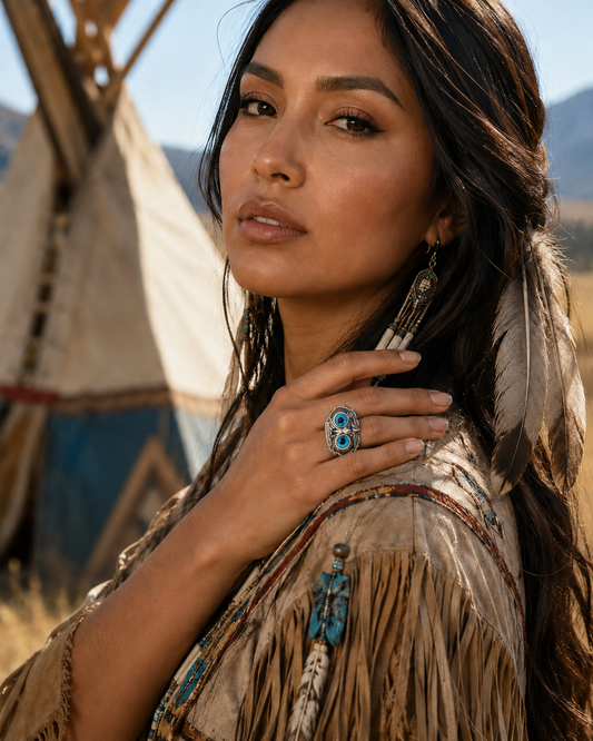 Woman in traditional Native American attire with a headdress and turquoise jewelry, standing in front of a tipi.