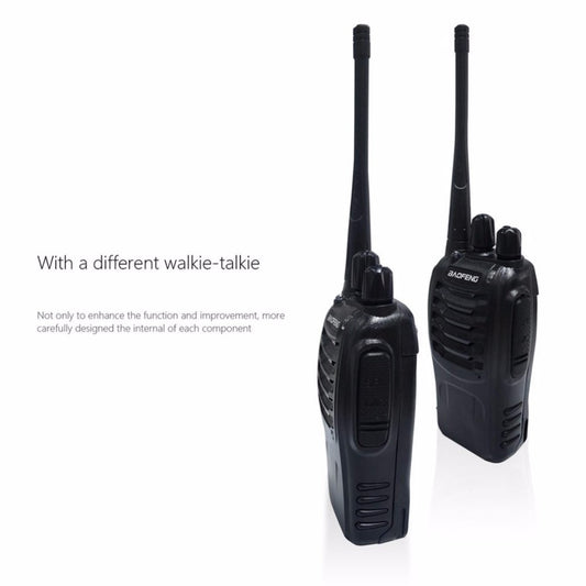 Two black walkie-talkies on a white background with text about a different model.