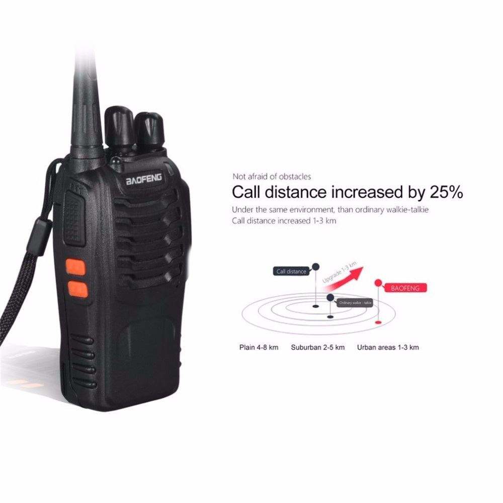 Black walkie-talkie with text on call distance increase on a white background