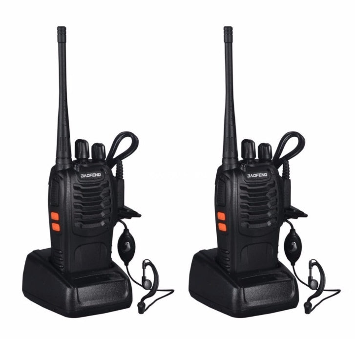 Two black walkie-talkies with antennas on a white background