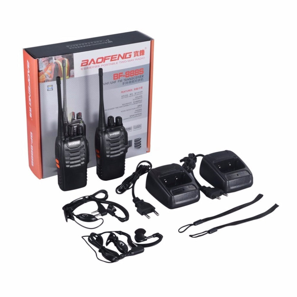 Two walkie-talkies with accessories and packaging on a white background