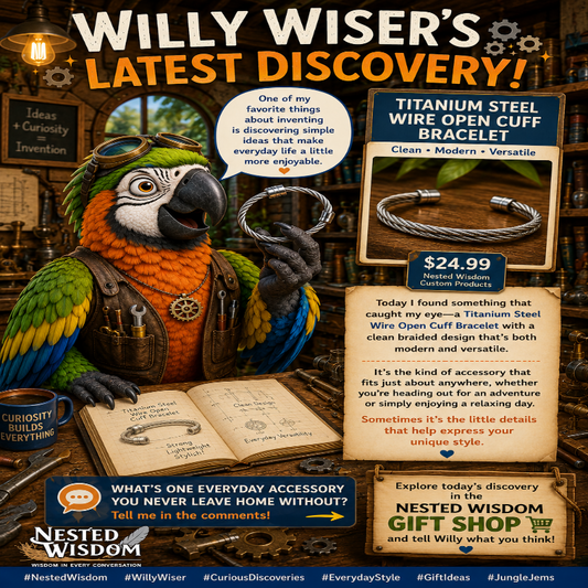 A promotional poster for 'Willy Wiser's Latest Discovery!' featuring a titanium steel wire open cuff bracelet. The design includes a large parrot character in a lab coat, text detailing the product's clean and modern design, and a price of $24.