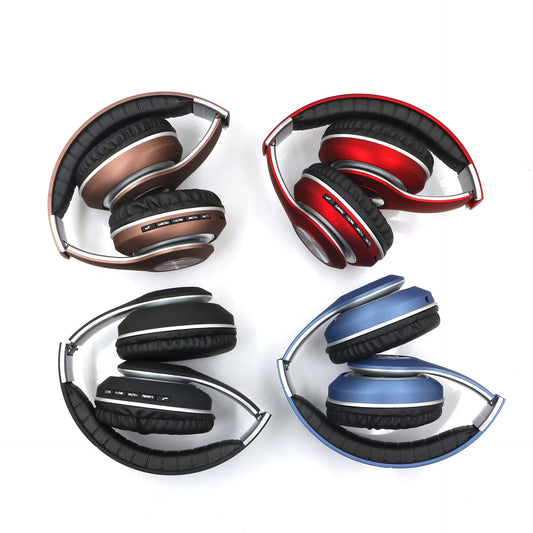 Four pairs of headphones in different colors on a white background
