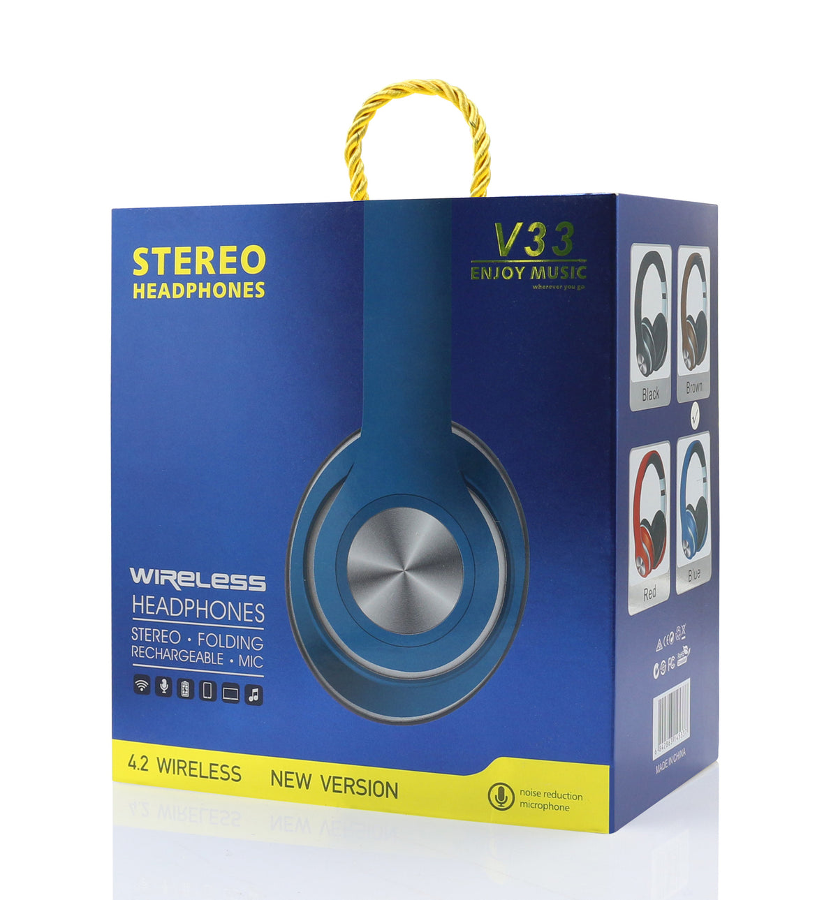 Blue box packaging of V33 wireless stereo headphones with yellow accents
