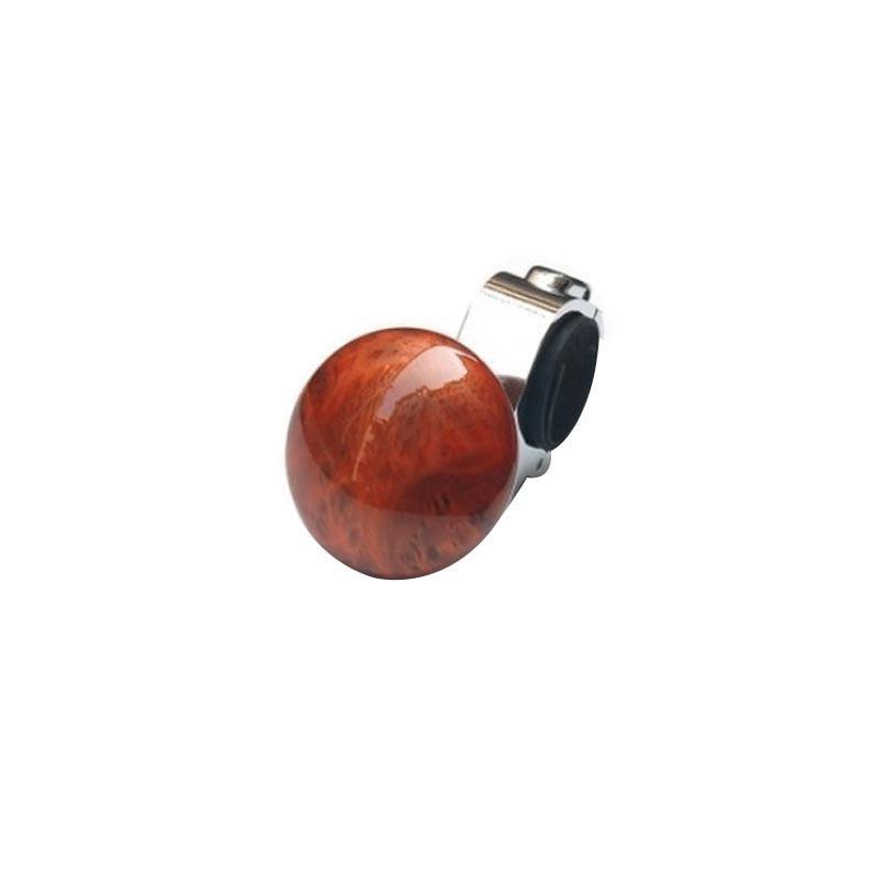 “Wood-grain steering wheel spinner knob with chrome clamp—classic interior style”