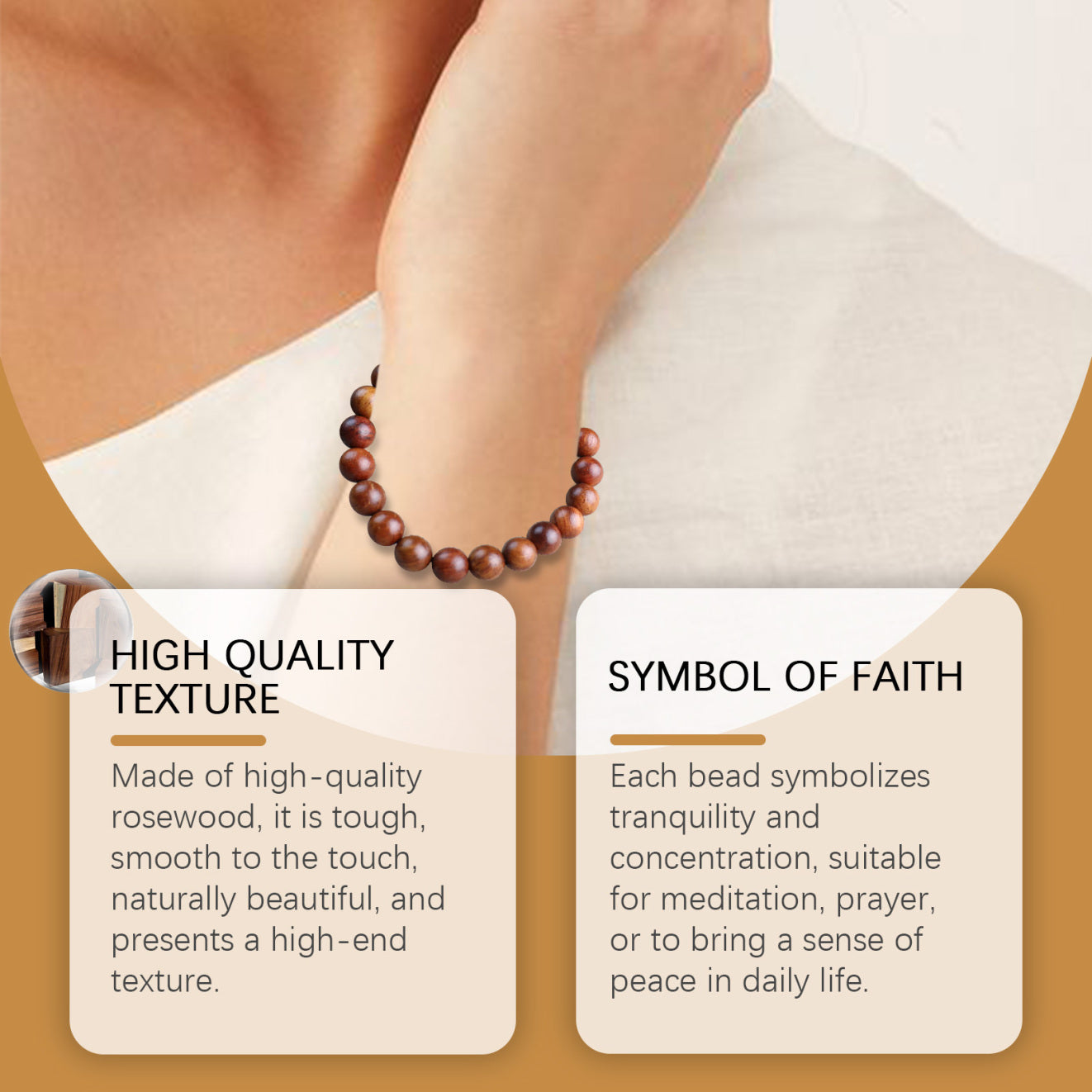 Bracelet on wrist with text about high-quality texture and symbol of faith