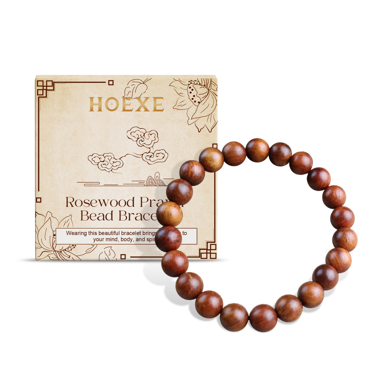 Wooden beaded bracelet with HOEXE packaging on a white background