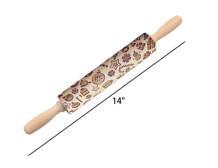 Rolling pin with gingerbread design and measurement label on a white background