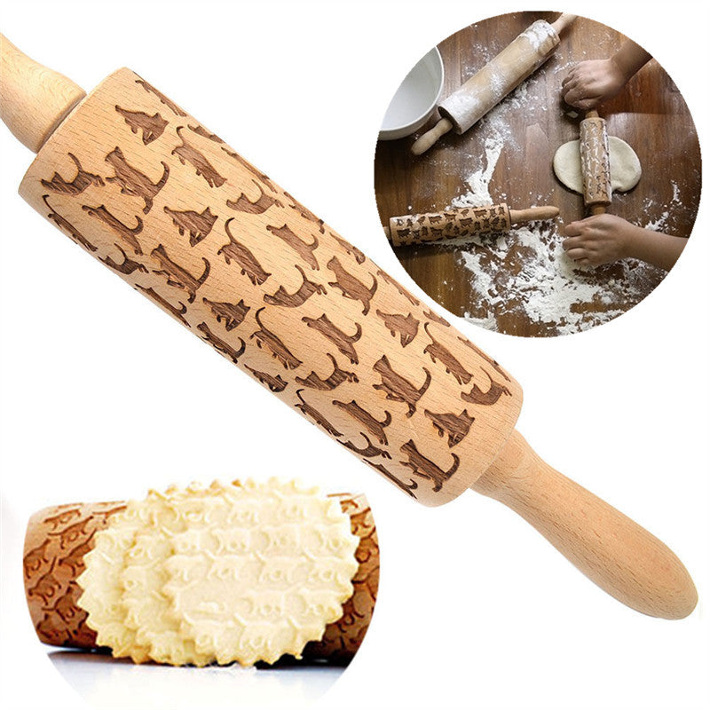 Wooden rolling pin with embossed designs on a white background, showing a close-up of the rolling pin and a baking scene.