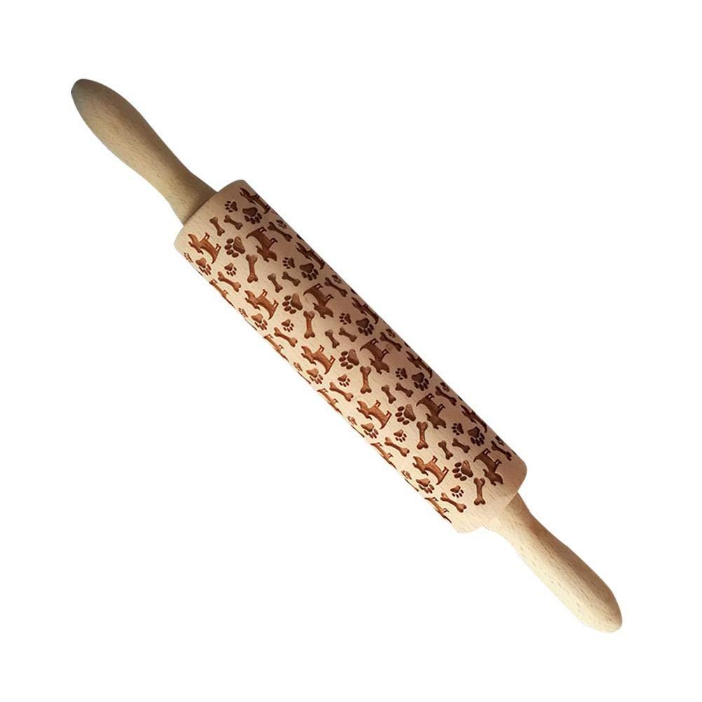 Wooden rolling pin with engraved patterns on a white background