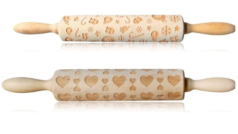 Two wooden rolling pins with embossed designs on a white background, labeled 'Series 3' and 'Peach heart 35cm'.