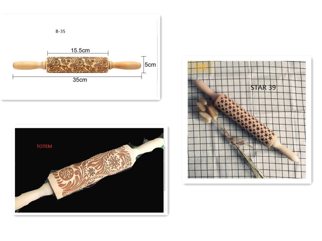 Set of embossed rolling pins with measurements and patterns on a white background
