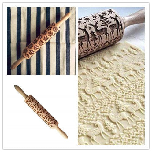 Three rolling pins with embossed patterns on a striped fabric background, one showing embossed dough.