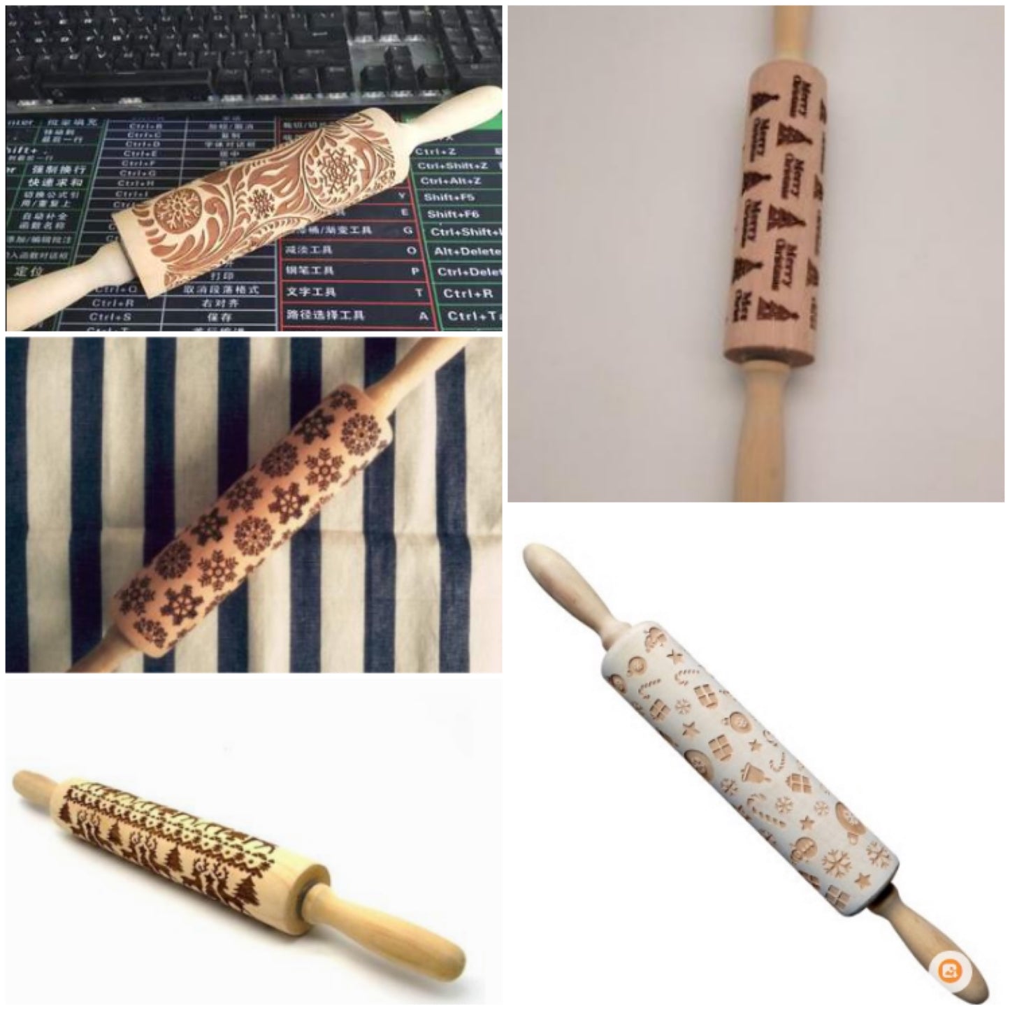 Collage of embossed rolling pins with various patterns on a laptop and striped fabric background.