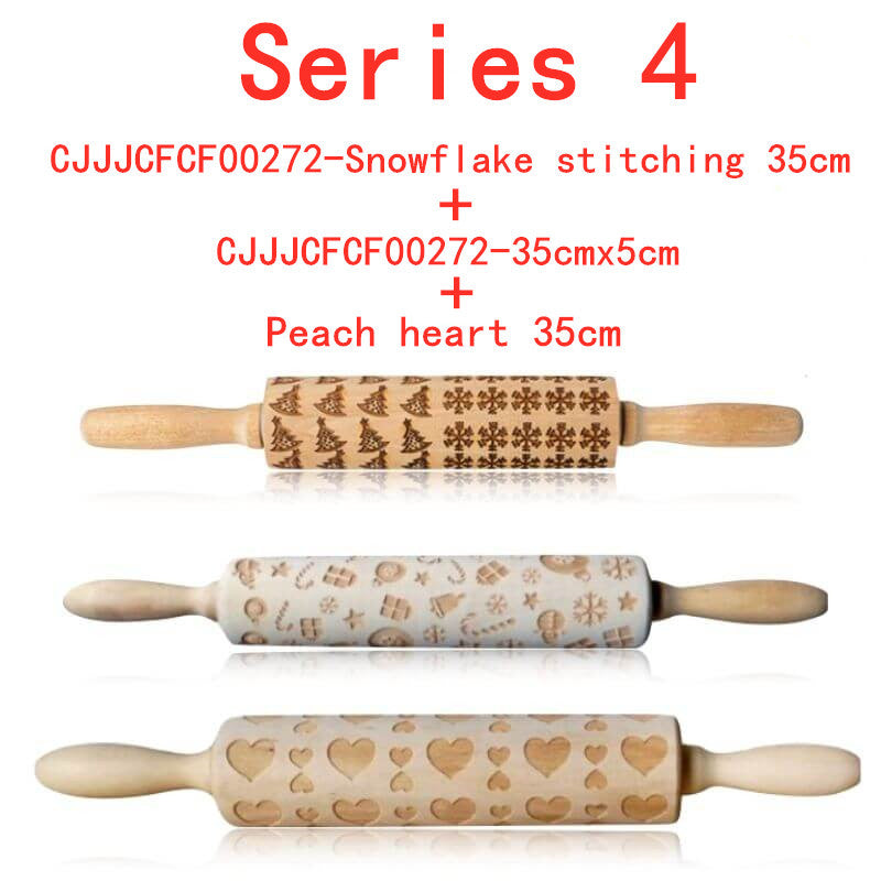 Three wooden rolling pins with embossed designs on a white background
