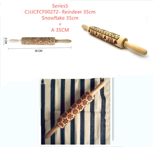 Two wooden rolling pins with embossed designs on a white background