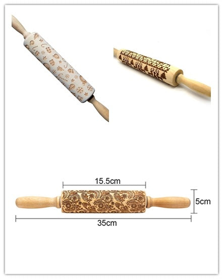 Three wooden rolling pins with embossed patterns and measurements on a white background