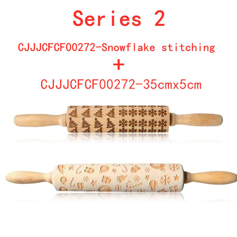 Two wooden rolling pins with embossed designs on a white background, labeled 'Series 2' and product codes.