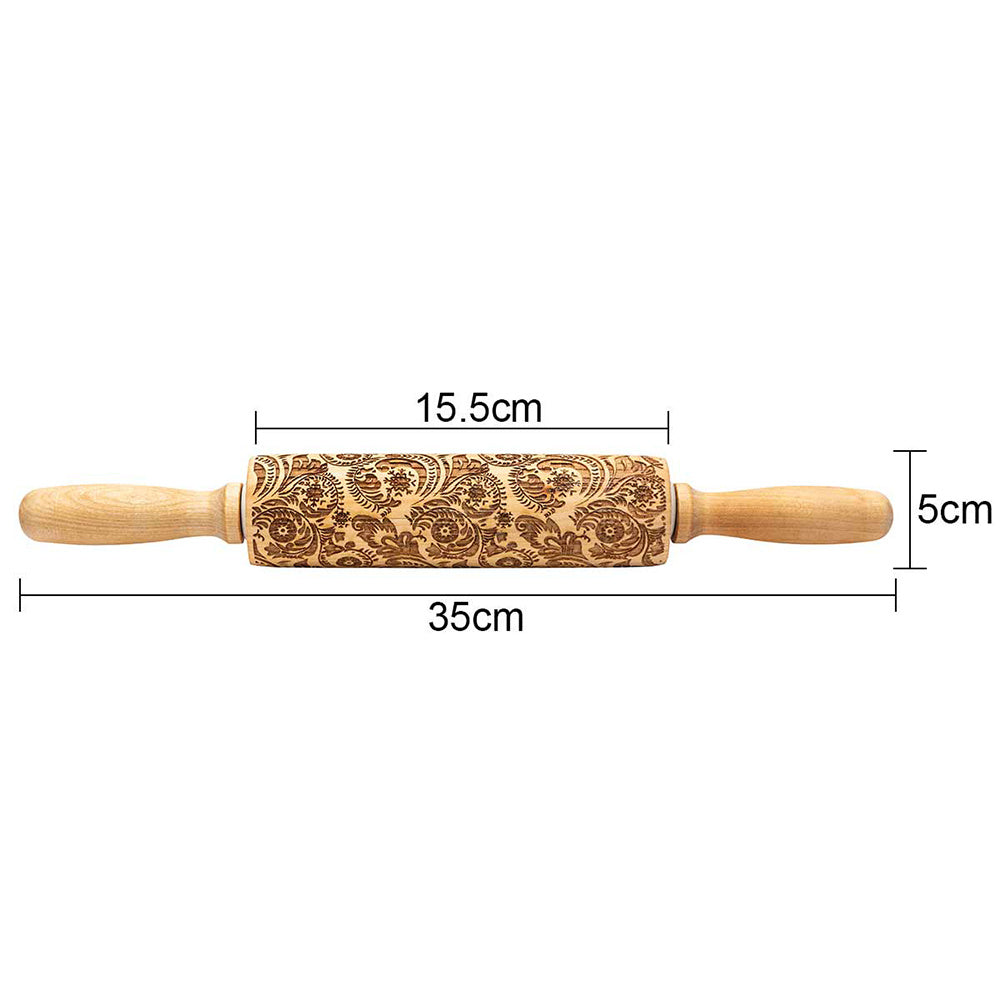 Wooden rolling pin with floral patterns and measurements on a white background