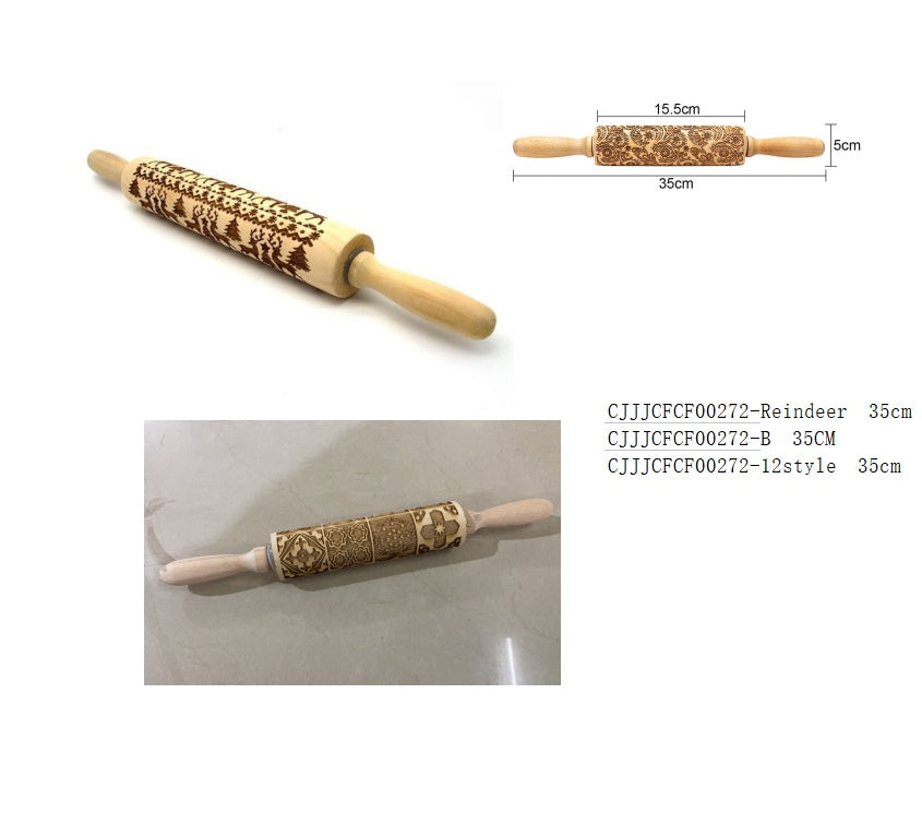 Wooden rolling pin with reindeer design and measurements on a white background