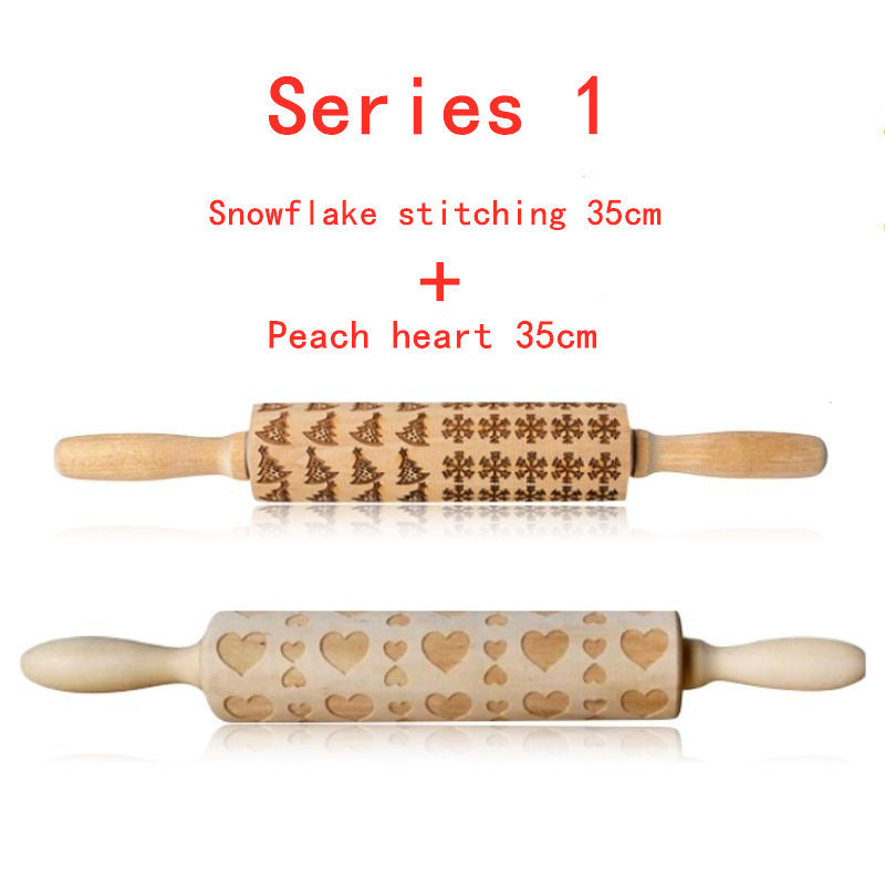 Two wooden rolling pins with embossed patterns on a white background