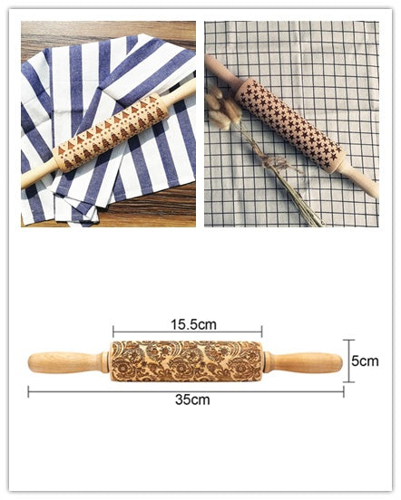Wooden rolling pin with embossed design on a striped towel and grid surface, with measurements displayed.