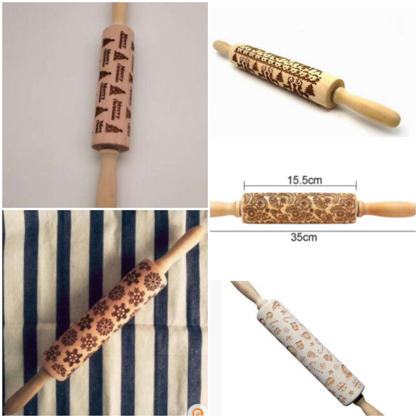Wooden rolling pin with embossed patterns on a striped fabric background
