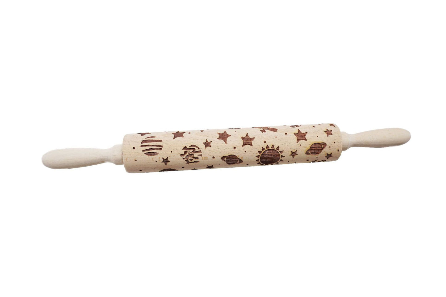 Wooden rolling pin with embossed designs on a white background