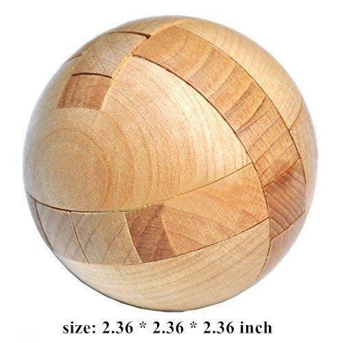 Wooden spherical puzzle with a size label on a white background