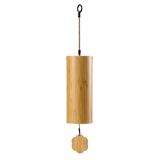 Wooden wind chime with a cylindrical design on a white background