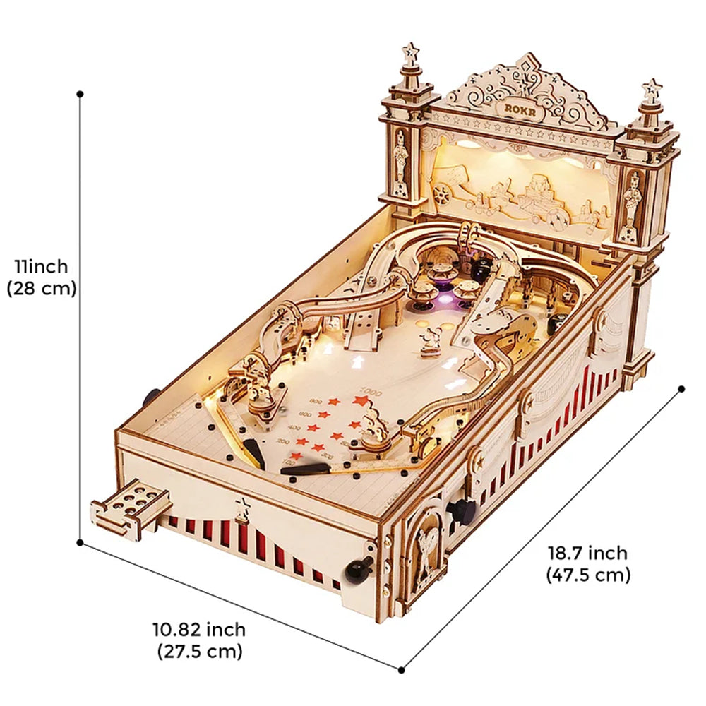 Wooden mechanical model with intricate details and dimensions on a white background