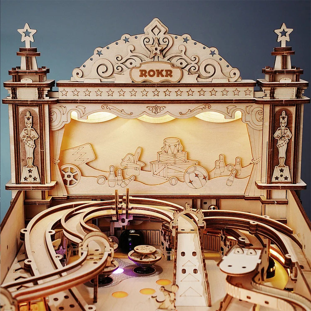 Wooden toy roller coaster with detailed track and scenic background
