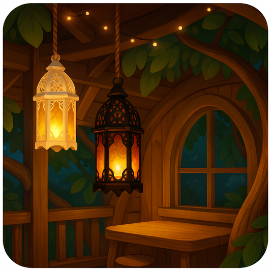 Wooden cabin interior with hanging lanterns and a window.
