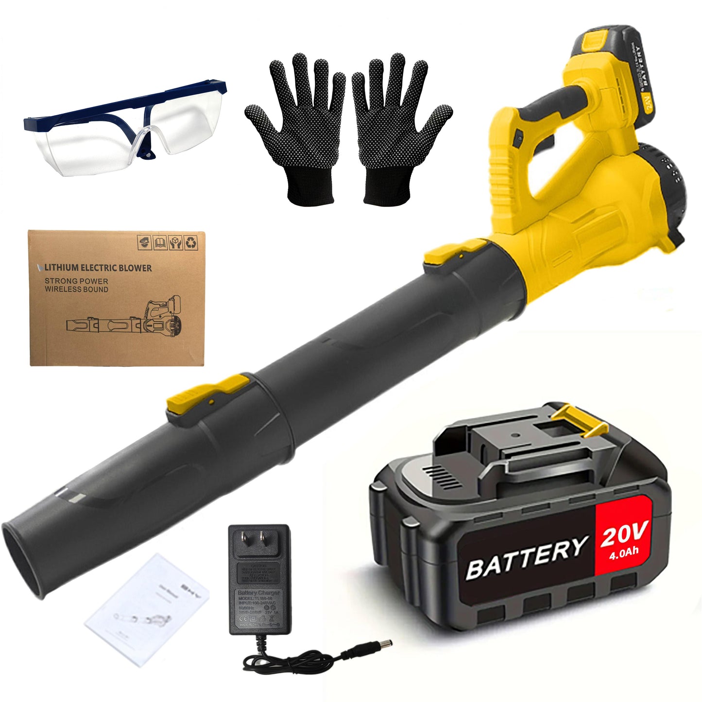 Lithium electric blower with battery, gloves, safety glasses, and packaging on a white background