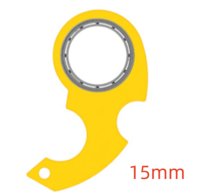 Yellow fidget spinner key ring with a circular component labeled '15mm' on a white background