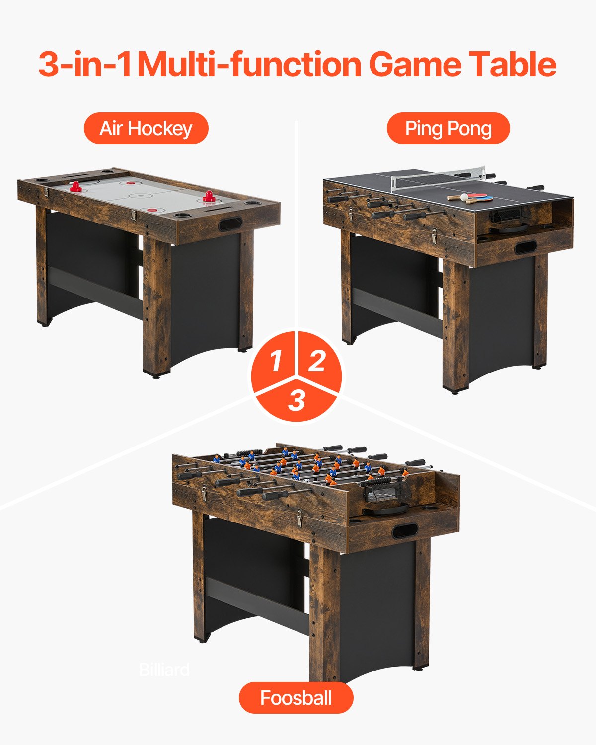 3-in-1 multi-function game table with air hockey, ping pong, and foosball options on a white background.