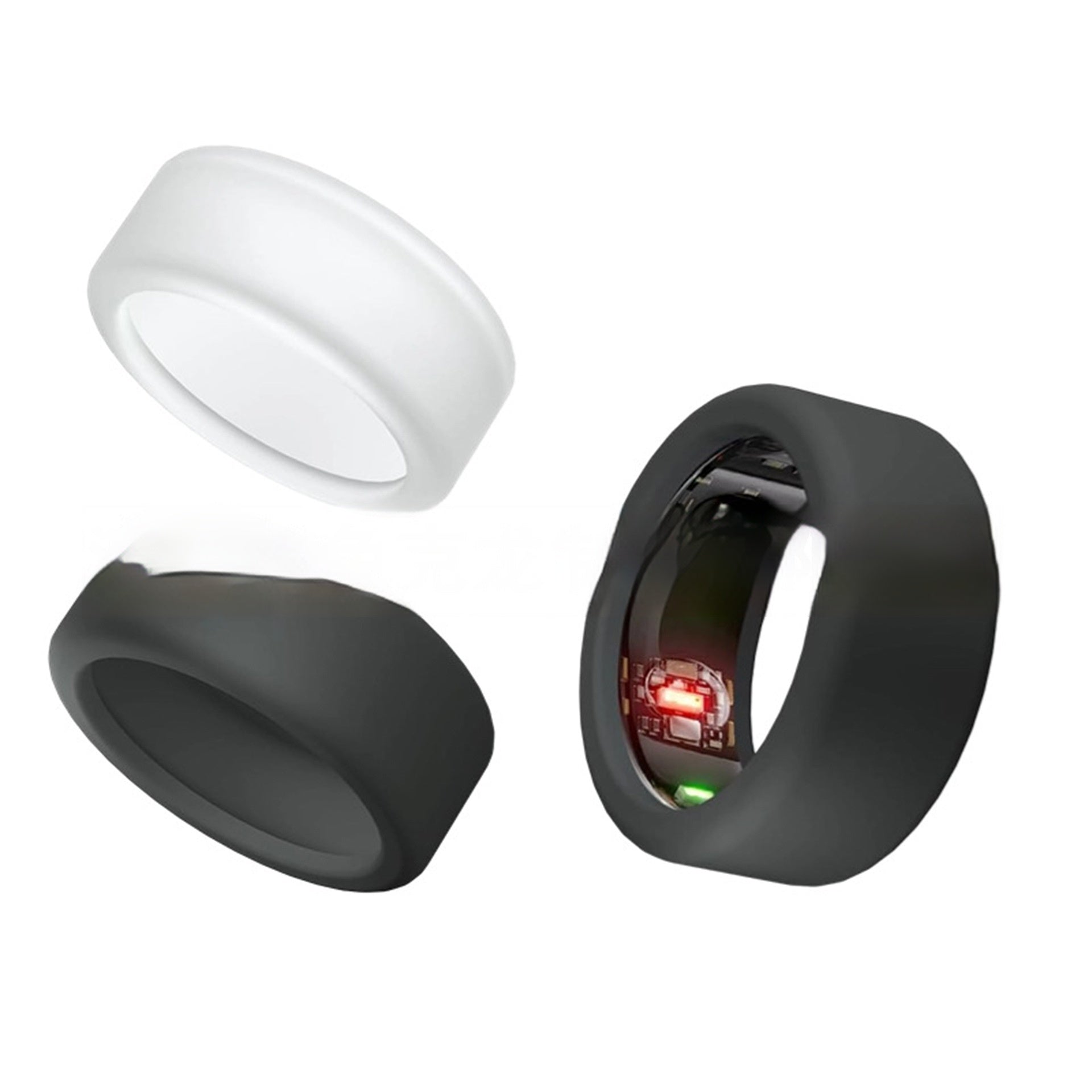 Two smart rings, one black and one white, on a white background.