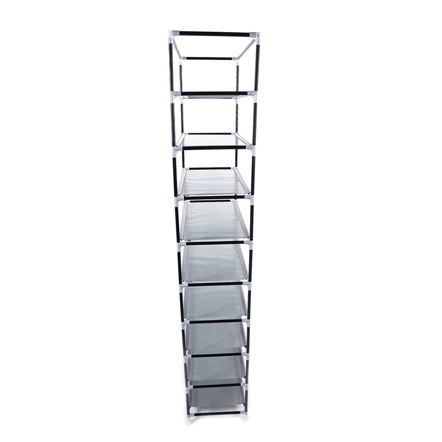 Tall, thin glass shelf with five shelves on a white background  from Nested Wisdom