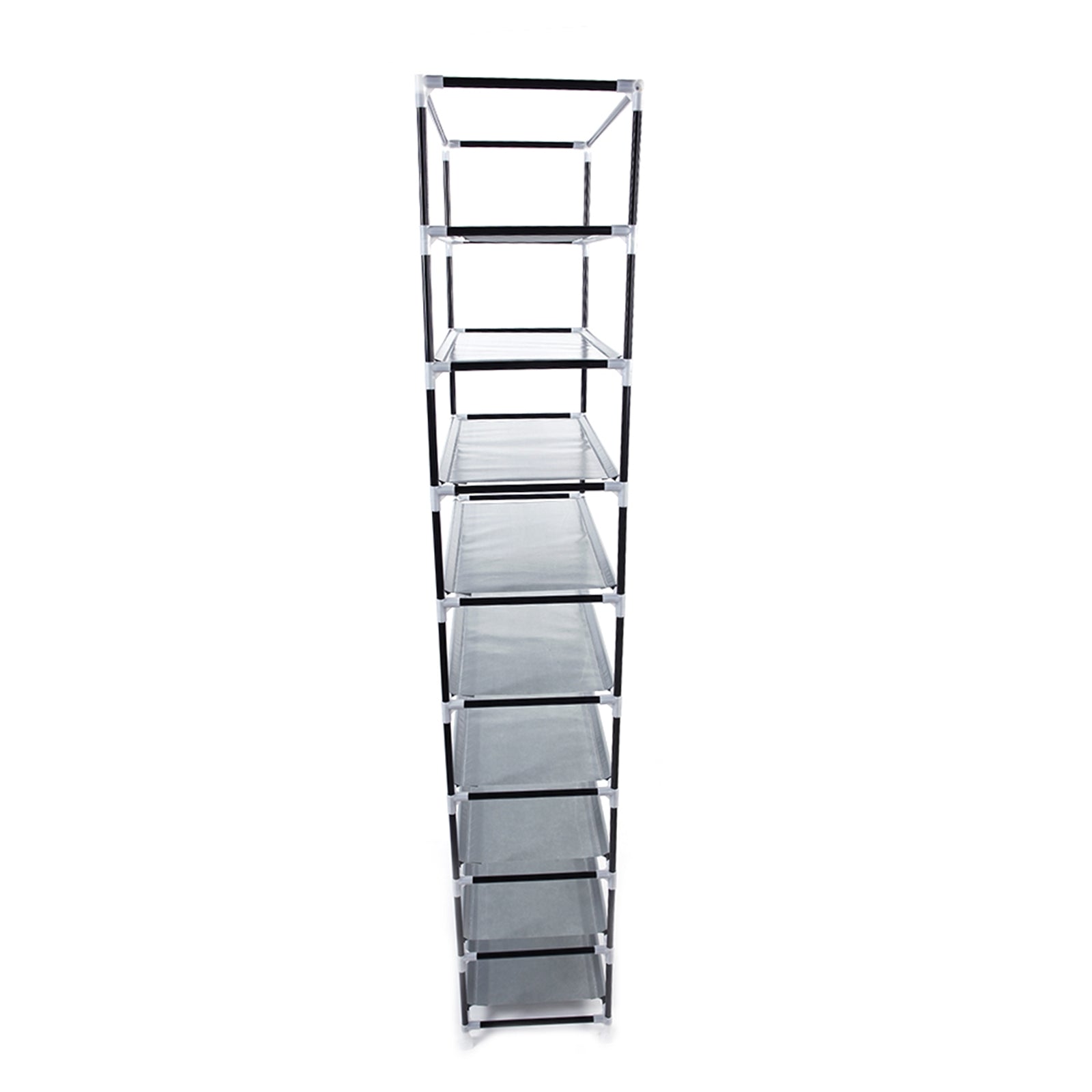Tall, thin glass shelf with five shelves on a white background  from Nested Wisdom