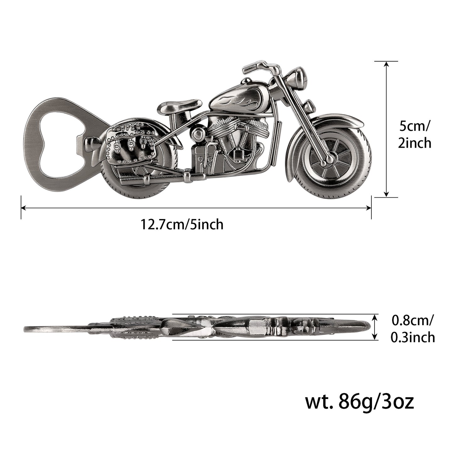 Motorcycle-shaped bottle opener with dimensions and weight displayed