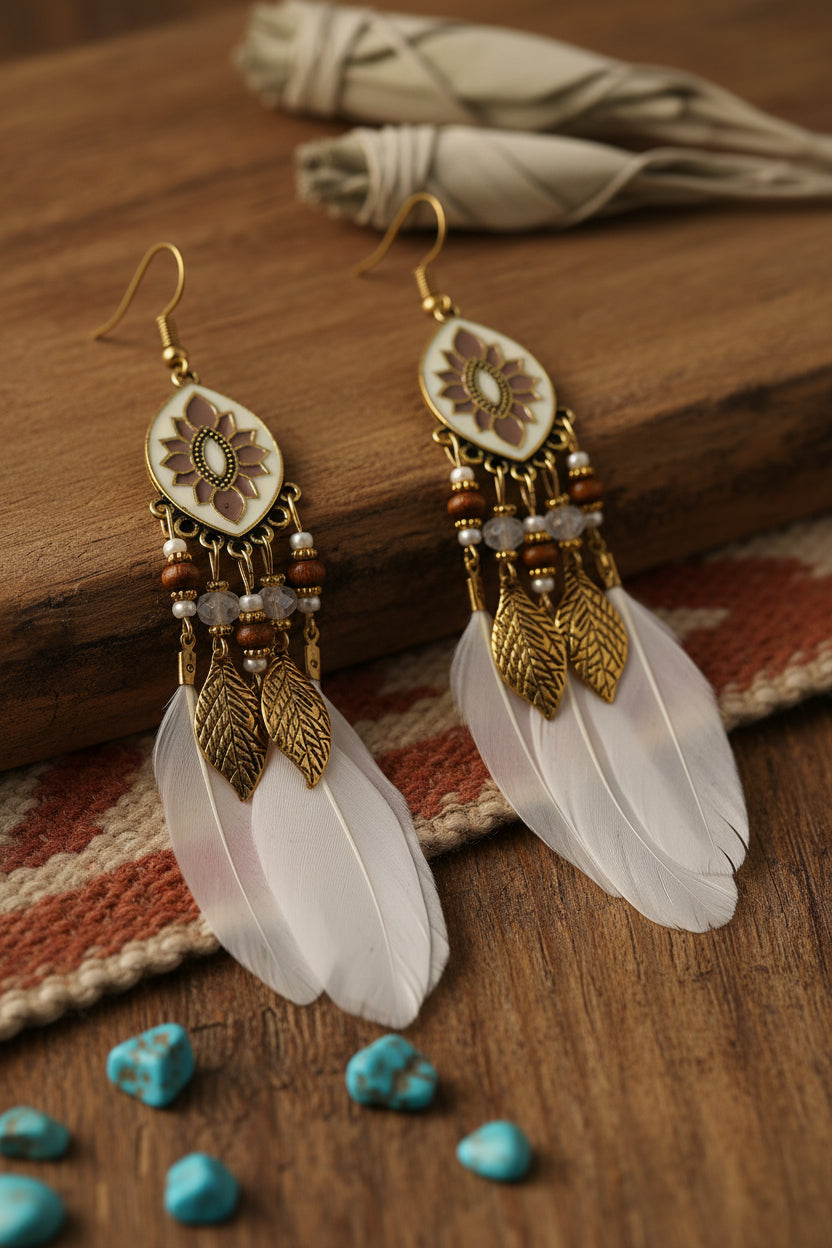 Pair of earrings with gold leaves, white feathers, and brown beads on a wood background