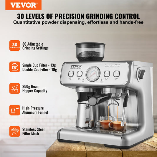 Espresso Machine with Grinder – 15 Bar Semi-Automatic Coffee Maker with Milk Frother