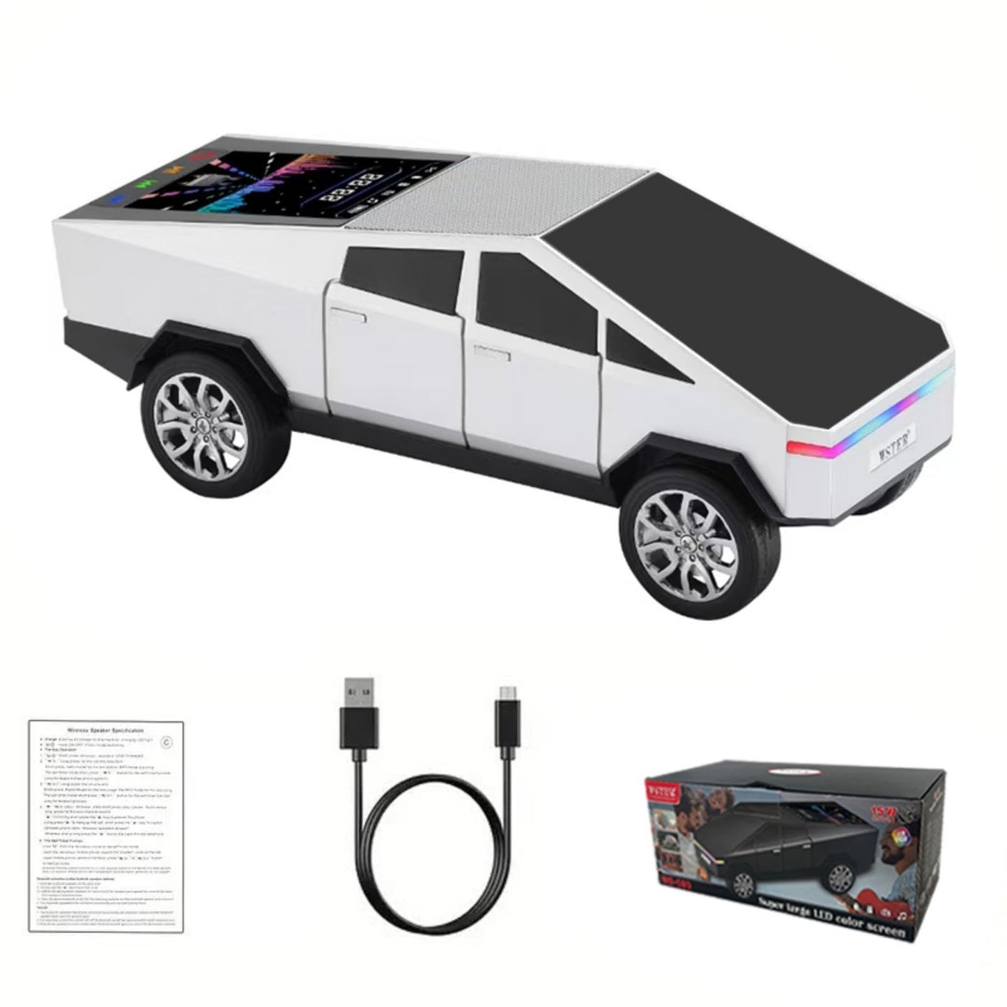 Toy truck with screen, USB cable, and packaging on a white background from Nested Wisdom